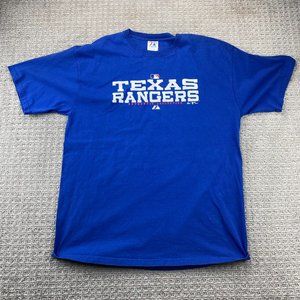Texas Rangers Majestic Shirt Men Extra Large XL Blue MLB Baseball T-Shirt Print